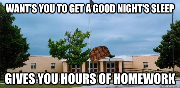 Want's you to get a good night's sleep Gives you hours of homework  Scumbag School