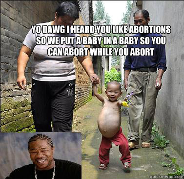 YO DAWG I HEARD YOU LIKE ABORTIONS SO WE PUT A BABY IN A BABY SO YOU CAN ABORT WHILE YOU ABORT  