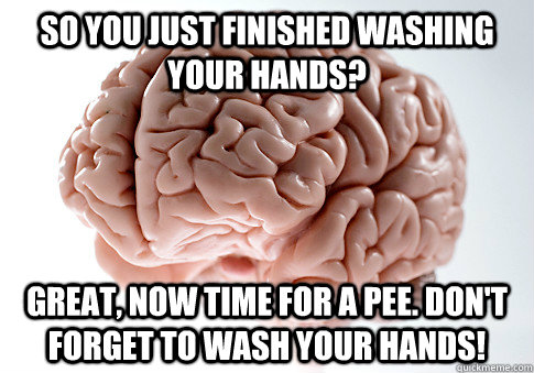 So you just finished washing your hands? Great, now time for a pee. Don't forget to wash your hands!  Scumbag Brain