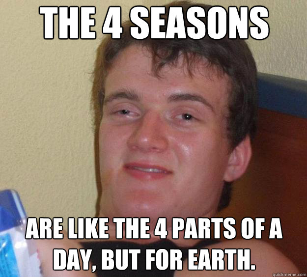 The 4 seasons are like the 4 parts of a day, but for Earth.  10 Guy