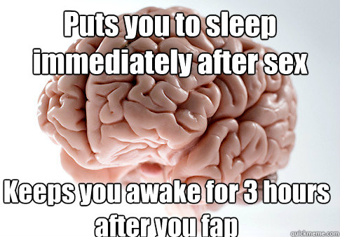 Puts you to sleep immediately after sex Keeps you awake for 3 hours after you fap  Scumbag Brain