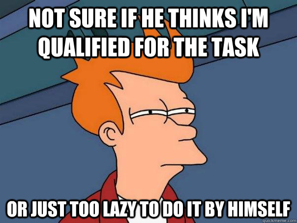 Not sure if he thinks i'm qualified for the task Or just too lazy to do it by himself  Futurama Fry