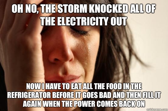 Oh no, the storm knocked all of the electricity out Now i have to eat all the food in the refrigerator before it goes bad and then fill it again when the power comes back on  First World Problems