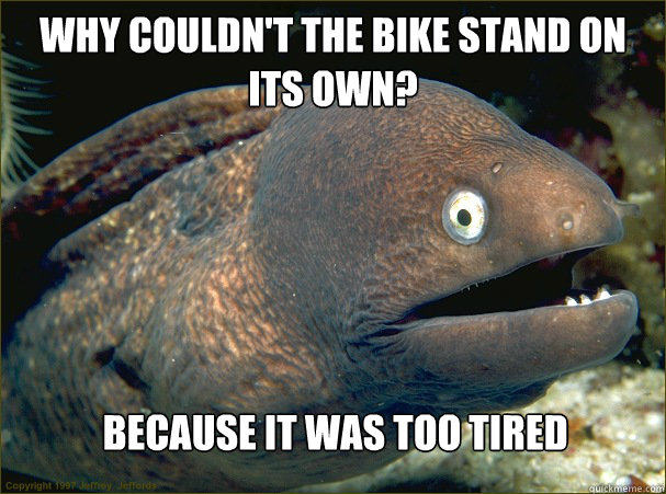 Why couldn't the bike stand on its own? Because it was too tired  Bad Joke Eel