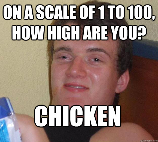 on a scale of 1 to 100, how high are you? Chicken
 - on a scale of 1 to 100, how high are you? Chicken
  10 Guy