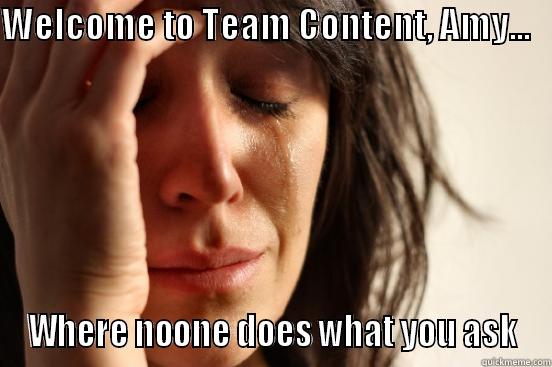 WELCOME TO TEAM CONTENT, AMY...             WHERE NOONE DOES WHAT YOU ASK First World Problems