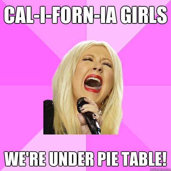 Cal-i-forn-ia girls We're under pie table!  Wrong Lyrics Christina