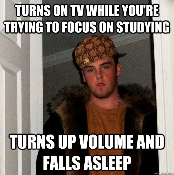 Turns on TV while you're trying to focus on studying Turns up volume and falls asleep  Scumbag Steve