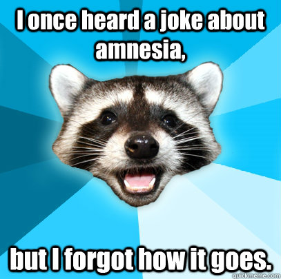 I once heard a joke about amnesia, but I forgot how it goes. - I once heard a joke about amnesia, but I forgot how it goes.  Lame Pun Coon