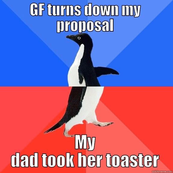 GF TURNS DOWN MY PROPOSAL MY DAD TOOK HER TOASTER Socially Awkward Awesome Penguin