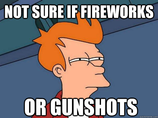 Not sure if fireworks Or gunshots  Futurama Fry