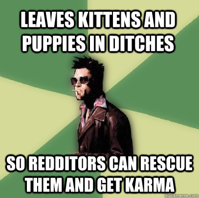 Leaves kittens and puppies in ditches So redditors can rescue them and get karma  Helpful Tyler Durden