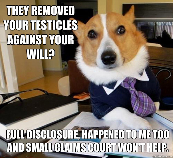 They removed your testicles against your will? full disclosure, happened to me too and small claims court won't help.  Lawyer Dog