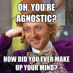 Oh, you're agnostic? How did you ever make up your mind? - Oh, you're agnostic? How did you ever make up your mind?  Condescending Wonka