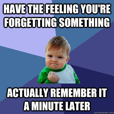 HAVE THE FEELING YOU'RE FORGETTING SOMETHING ACTUALLY REMEMBER IT A MINUTE LATER - HAVE THE FEELING YOU'RE FORGETTING SOMETHING ACTUALLY REMEMBER IT A MINUTE LATER  Success Kid