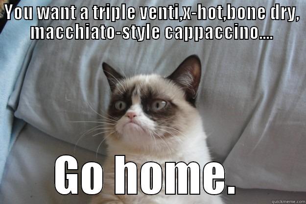 YOU WANT A TRIPLE VENTI,X-HOT,BONE DRY, MACCHIATO-STYLE CAPPACCINO.... GO HOME.  Grumpy Cat