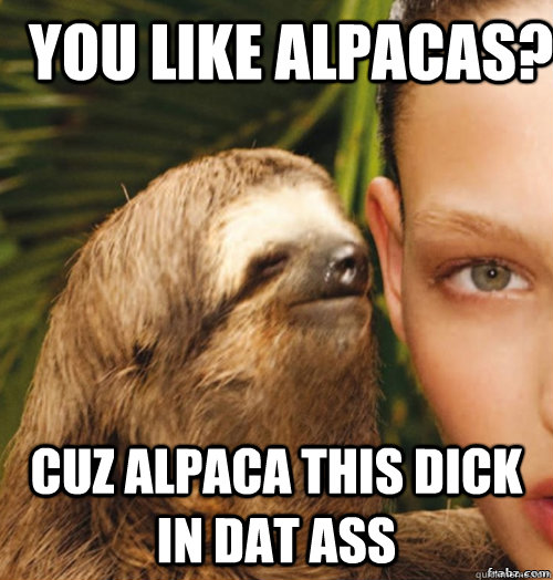 You like Alpacas? Cuz Alpaca this dick in dat ass  rape sloth