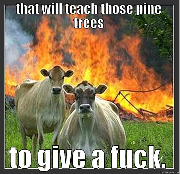 pine trees don't give a dang - THAT WILL TEACH THOSE PINE TREES TO GIVE A FUCK. Evil cows