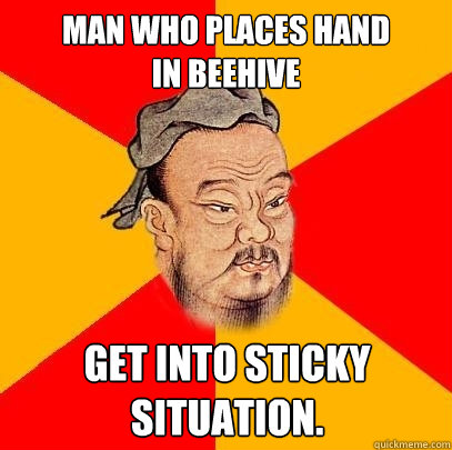 Man who places hand
in beehive Get into sticky situation.  Confucius says