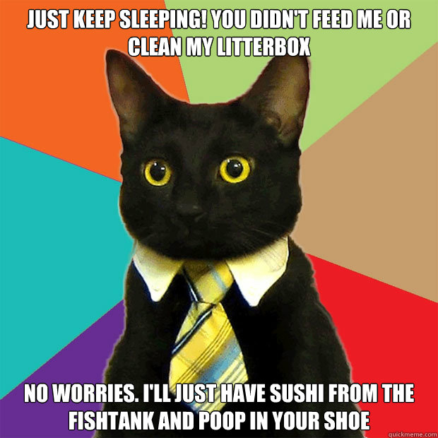 Just keep sleeping! You didn't feed me or clean my litterbox No worries. I'll just have sushi from the fishtank and poop in your shoe  Business Cat