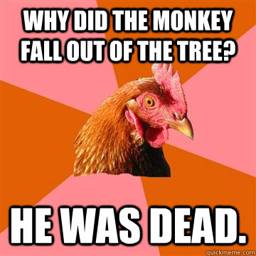 Why did the monkey fall out of the tree? He was dead.  Anti-Joke Chicken