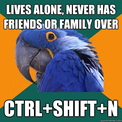 Lives alone, never has friends or family over ctrl+shift+n  Paranoid Parrot