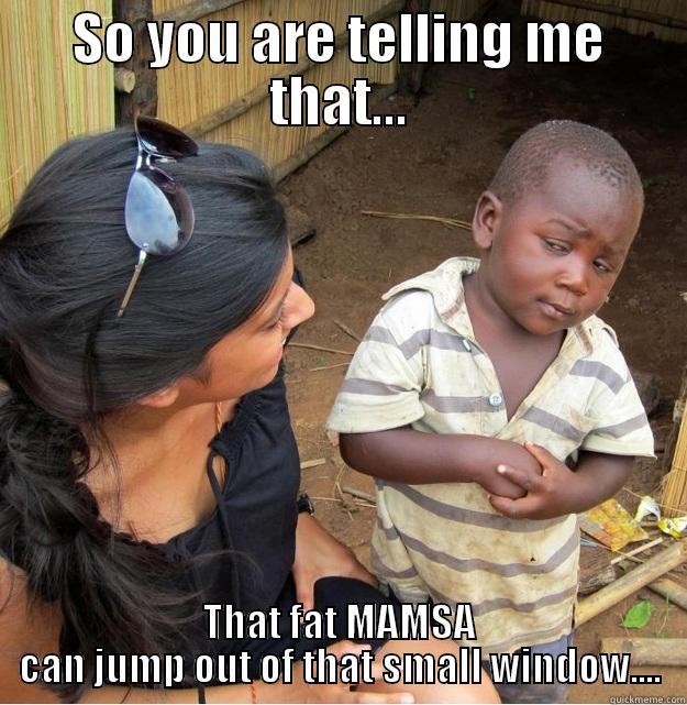 SO YOU ARE TELLING ME THAT... THAT FAT MAMSA CAN JUMP OUT OF THAT SMALL WINDOW.... Skeptical Third World Kid