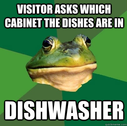 Visitor asks which cabinet the dishes are in dishwasher - Visitor asks which cabinet the dishes are in dishwasher  Foul Bachelor Frog