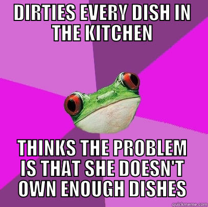 DIRTIES EVERY DISH IN THE KITCHEN THINKS THE PROBLEM IS THAT SHE DOESN'T OWN ENOUGH DISHES Foul Bachelorette Frog