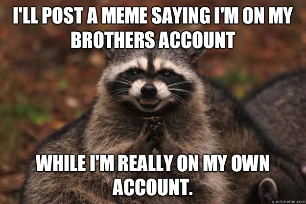 I'll post a meme saying I'm on my brothers account while I'm really on my own account.  - I'll post a meme saying I'm on my brothers account while I'm really on my own account.   Evil Plotting Raccoon