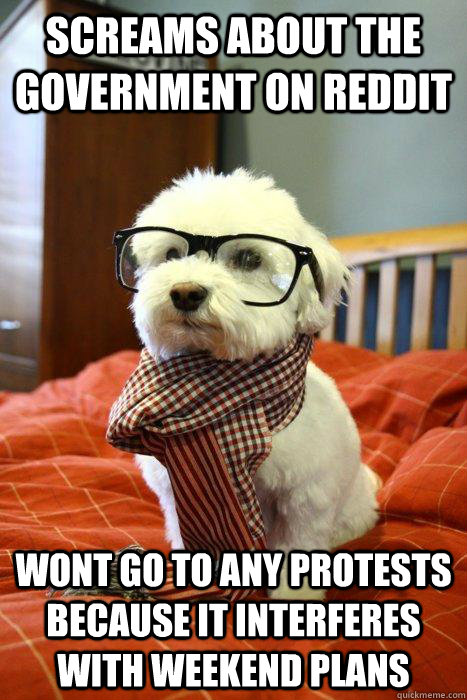 Screams about the government on reddit wont go to any protests because it interferes with weekend plans  Hipster Dog