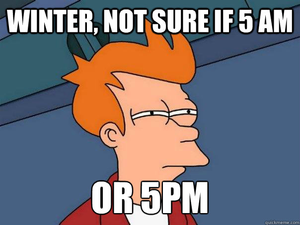 winter, not sure if 5 am or 5pm
  Futurama Fry