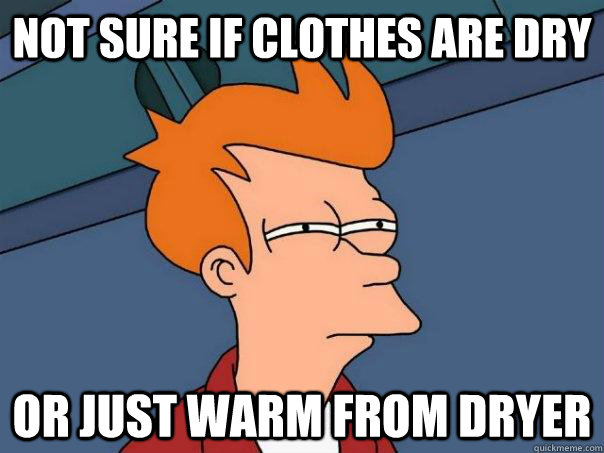 Not sure if clothes are dry or just warm from dryer - Not sure if clothes are dry or just warm from dryer  Futurama Fry