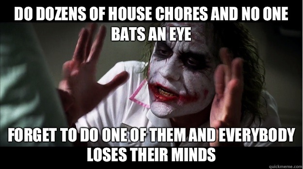 Do dozens of house chores and no one bats an eye Forget to do one of them and everybody loses their minds  Joker Mind Loss