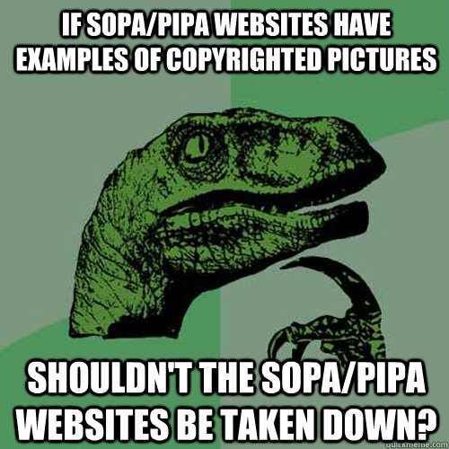 IF SOPA/PIPA websites have examples of copyrighted pictures Shouldn't the SOPA/PIPA websites be taken down? - IF SOPA/PIPA websites have examples of copyrighted pictures Shouldn't the SOPA/PIPA websites be taken down?  Philosoraptor