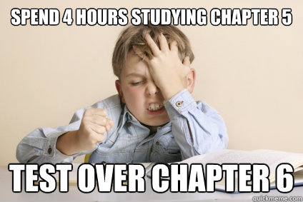 spend 4 hours studying chapter 5 Test over chapter 6  