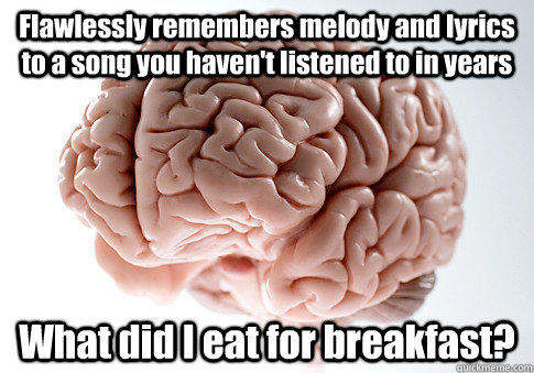 Flawlessly remembers melody and lyrics to a song you haven't listened to in years What did I eat for breakfast?  - Flawlessly remembers melody and lyrics to a song you haven't listened to in years What did I eat for breakfast?   Scumbag Brain