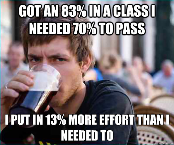 Got an 83% in a class I needed 70% to pass I put in 13% more effort than I needed to - Got an 83% in a class I needed 70% to pass I put in 13% more effort than I needed to  Lazy College Senior