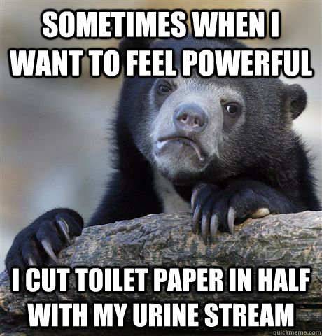 Sometimes when I want to feel powerful I cut toilet paper in half with my urine stream  Confession Bear