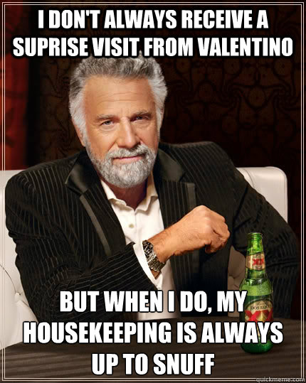 I don't always receive a suprise visit from Valentino but when I do, my housekeeping is always up to snuff  The Most Interesting Man In The World