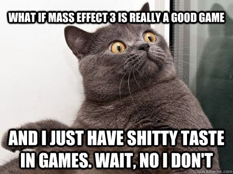 what if mass effect 3 is really a good game and i just have shitty taste in games. wait, no i don't  conspiracy cat