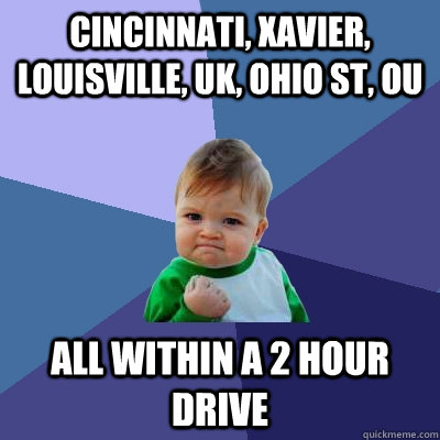 cincinnati, Xavier, Louisville, UK, Ohio St, OU All within a 2 hour drive  Success Kid