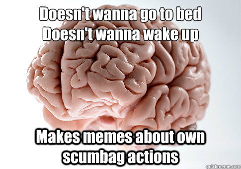 Doesn't wanna go to bed
Doesn't wanna wake up Makes memes about own scumbag actions  Scumbag Brain