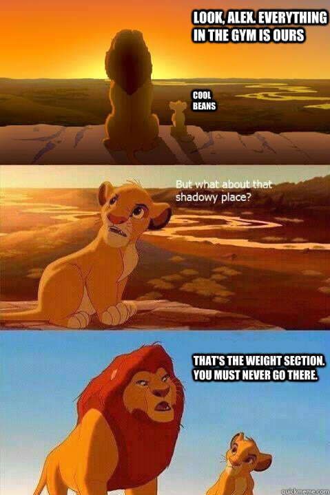 Look, Alex. Everything in the gym is ours Cool beans That's the weight section. You must never go there.  Lion King Shadowy Place