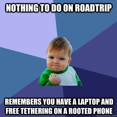 nothing to do on roadtrip remembers you have a laptop and free tethering on a rooted phone  Success Kid