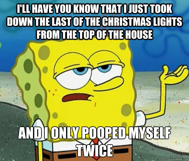 I'll have you know that I just took down the last of the Christmas Lights from the top of the house and I only pooped myself twice  Tough Spongebob