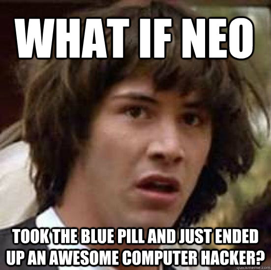 What if neo took the blue pill and just ended up an awesome computer hacker?  conspiracy keanu