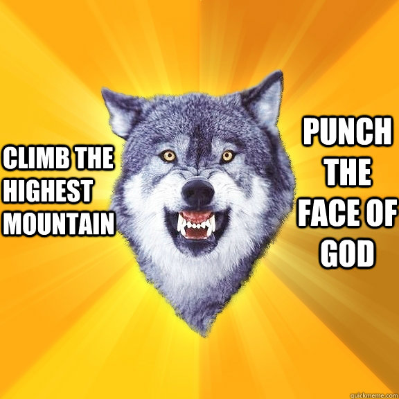 Climb the highest mountain Punch the face of God  Courage Wolf