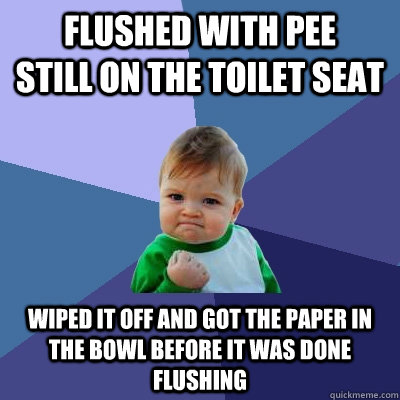 Flushed with pee     still on the toilet seat wiped it off and got the paper in the bowl before it was done flushing  Success Kid