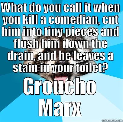 What do you call it when you kill a comedian, cut him into tiny pieces and flush him down the toilet, yet he leaves a stain in your toilet? - WHAT DO YOU CALL IT WHEN YOU KILL A COMEDIAN, CUT HIM INTO TINY PIECES AND FLUSH HIM DOWN THE DRAIN, AND HE LEAVES A STAIN IN YOUR TOILET? GROUCHO MARX Lame Pun Coon